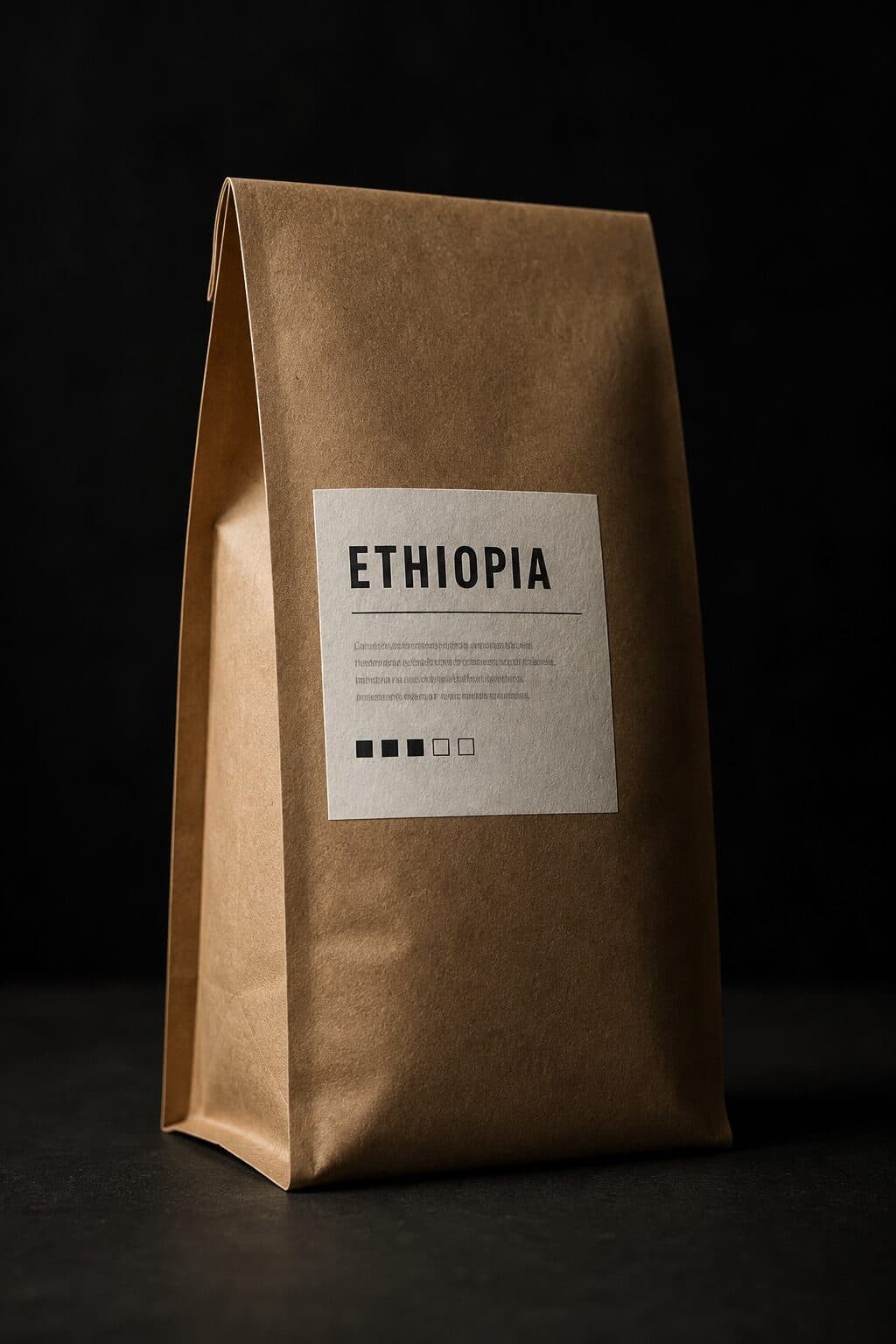 Ein Kaffeebeutel im Licht vor dunklem Hintergrund